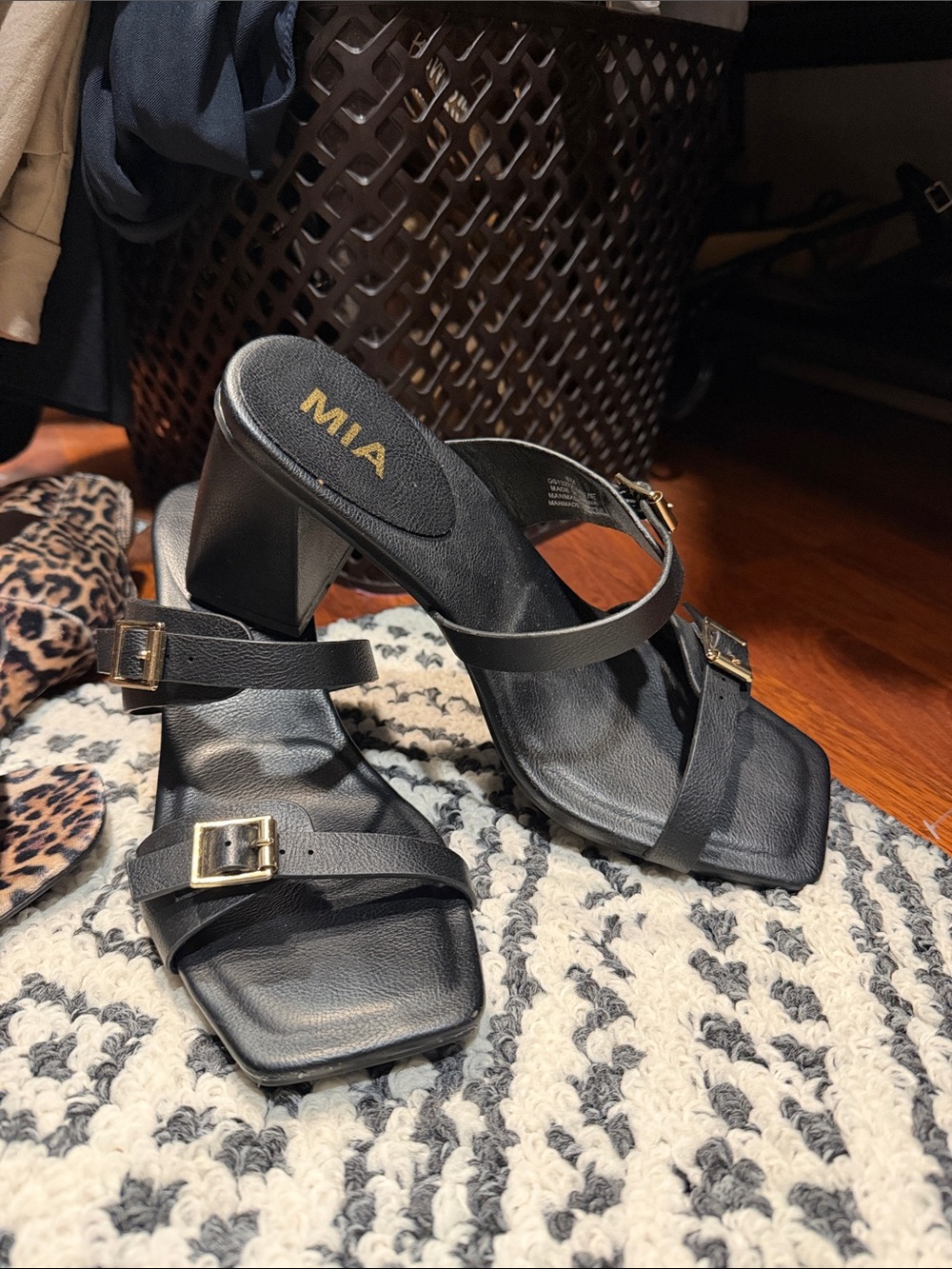 MIA Black Strappy Block Heel Sandals with Gold Buckles